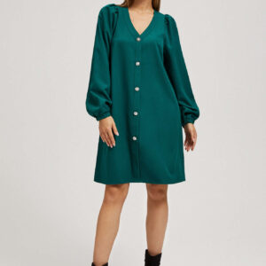 Sukienka z bufiastymi rękawami i ozdobnymi guzikami szmaragdowa