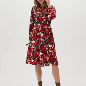 Sukienka w kwiaty z bufiastymi rękawami czerwona