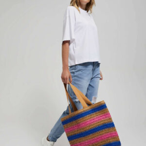 Pleciona torba na ramię w paski ciemnobeżowa