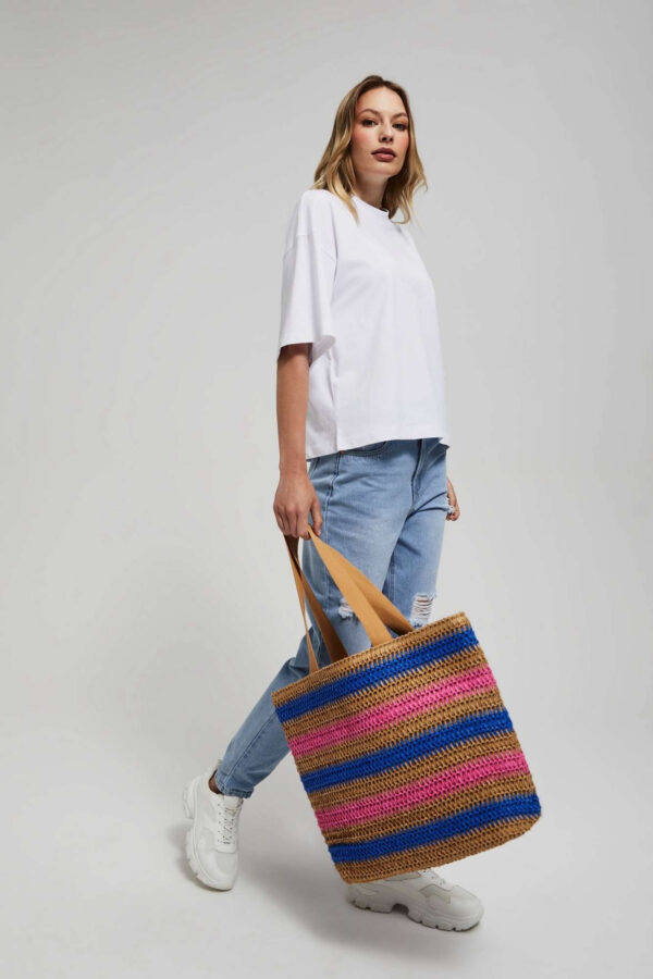 Pleciona torba na ramię w paski ciemnobeżowa