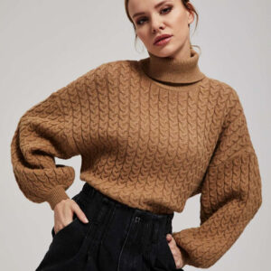 Sweter z golfem i bufiastymi rękawami ciemnobeżowy