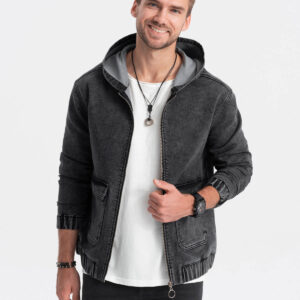 Kurtka jeansowa męska katana z kapturem i kieszeniami cargo – czarna V4