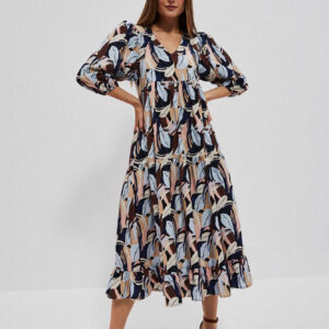 Wzorzysta sukienka midi z falbaną ciemnobeżowa