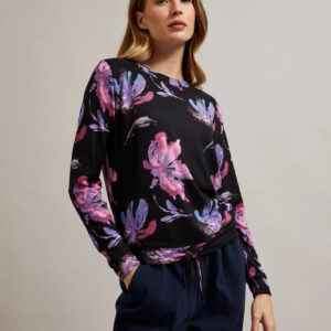 Sweter w kwiaty z długimi rękawami fioletowy