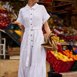 Bawełniana sukienka maxi z paskiem biała