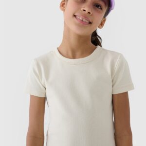 4F T-shirt slim crop top gładki dziewczęcy - beżowy 122 (6-7 lat)