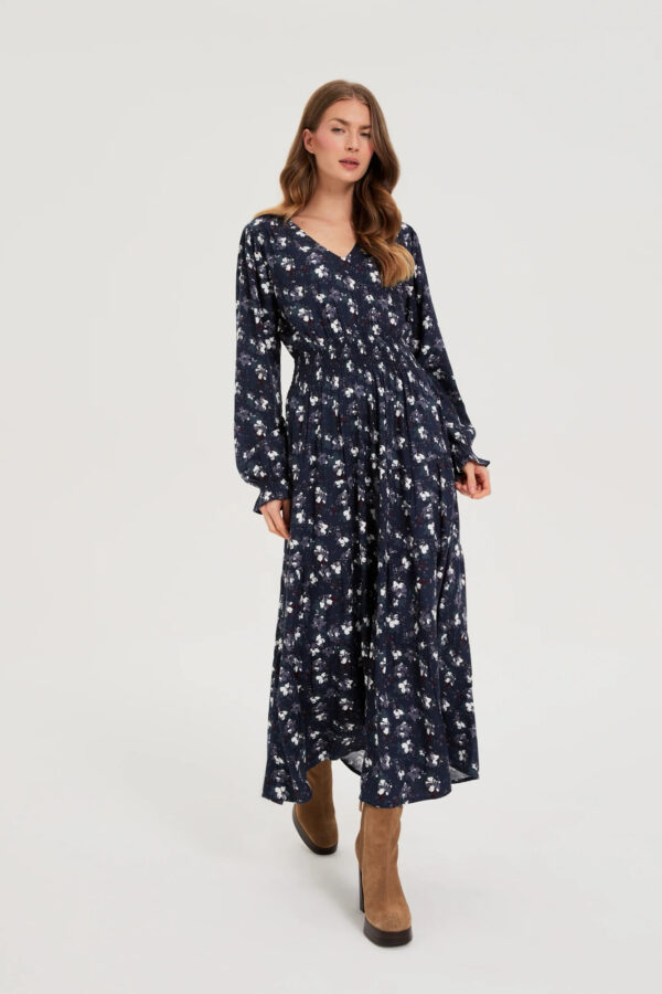 Wiskozowa sukienka w kwiaty granatowa