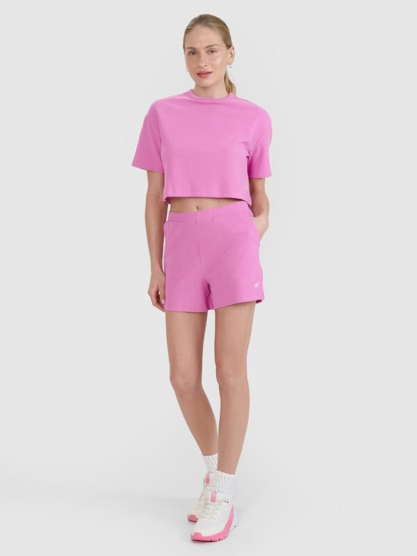 4F T-shirt crop top z waflowej dzianiny damski - różowy