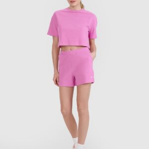4F T-shirt crop top z waflowej dzianiny damski - różowy