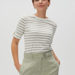 Bluzka w paski z okrągłym dekoltem oliwkowa