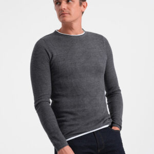 Bawełniany sweter męski z okrągłym dekoltem - grafitowy melanż V2