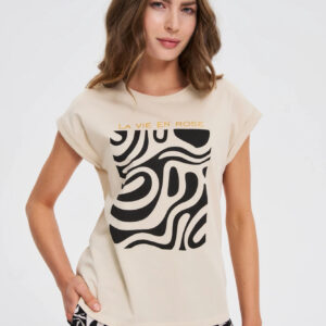 T-shirt z geometrycznym nadrukiem beżowy
