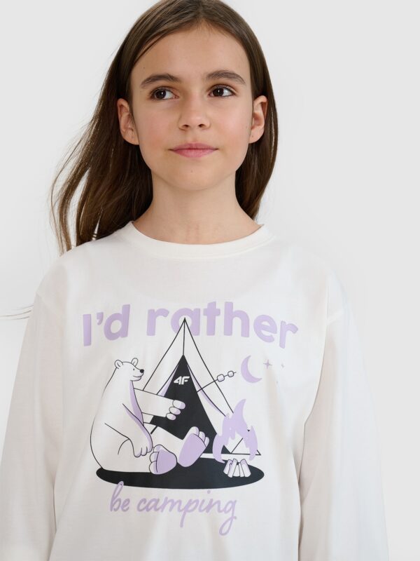 4F Longsleeve oversize z nadrukiem dziewczęcy - biały 134 (8-9 lat)