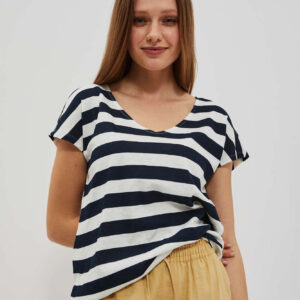 T-shirt w paski z dekoltem w serek i krótkimi rękawami granatowy