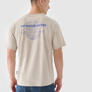 4F T-shirt oversize z nadrukiem męski - beżowy