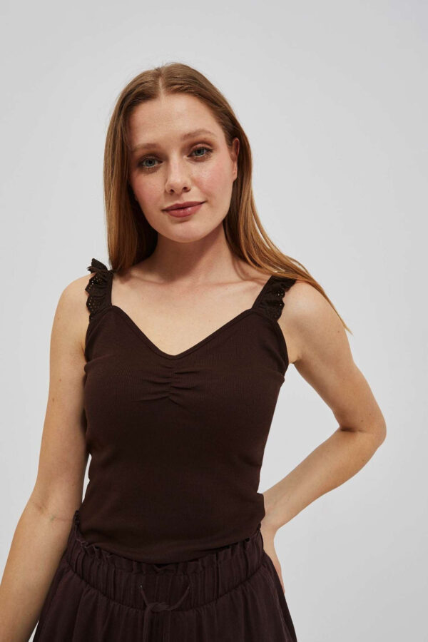 Top z ozdobnymi ramiączkami ciemnbrązowy