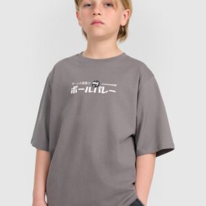 483d25e05ce90584fc52adf47a4ce36f22a66376 4F T-shirt oversize z nadrukiem chłopięcy - szary 140 (9-10 lat)