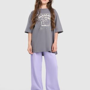 48a3210768d559598ba94c99ae17cb9b03fcecac 4F T-shirt oversize z nadrukiem dziewczęcy - szary 158 (12-13 lat)