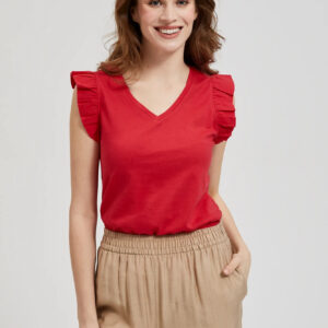 Bluzka z dekoltem w serek i falbaną na ramionach czerwona