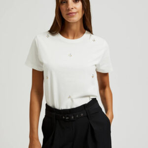 4c2892d73c0aa8e31175699d76b997a1466c446a Bluzka ozdobiona koralikami z okrągłym dekoltem biała