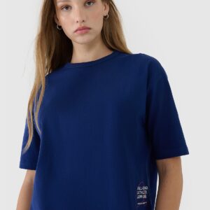 4F T-shirt oversize z nadrukiem damski - granatowy