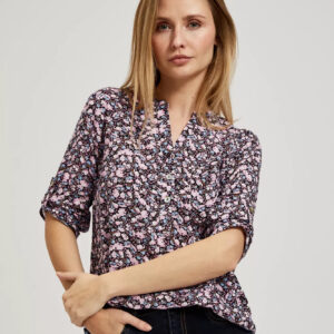 Koszula z kwiatowym printem i podwijanymi rękawami granatowa