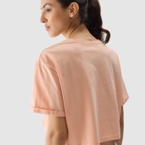 4F T-shirt crop top z nadrukiem damski - koralowy