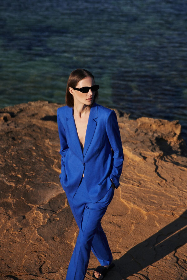 Lniana marynarka z rękawami 3/4 niebieska