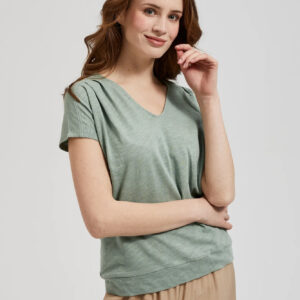 59ba902709f4f04baf2bf3604c001479b76b36d2 Bluzka oliwkowa z dekoltem w serek i krótkimi rękawami oliwkowa