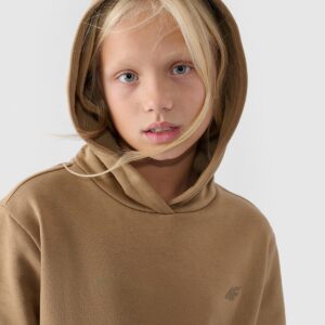 4F Bluza dresowa nierozpinana z kapturem dziewczęca - beżowa 128 (7-8 lat)