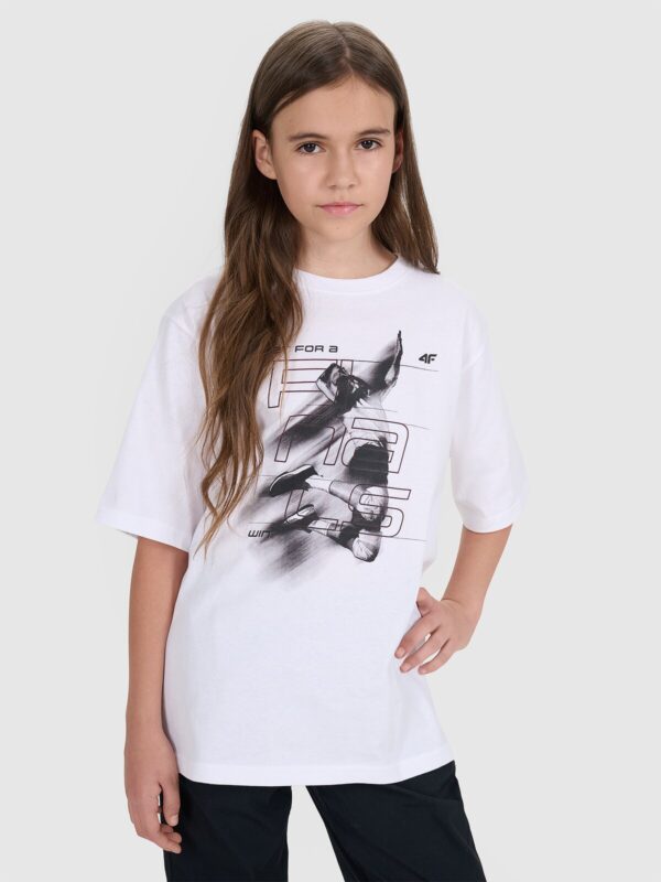 4F T-shirt regular z nadrukiem dziecięcy - biały 158/164 (12-14 lat)