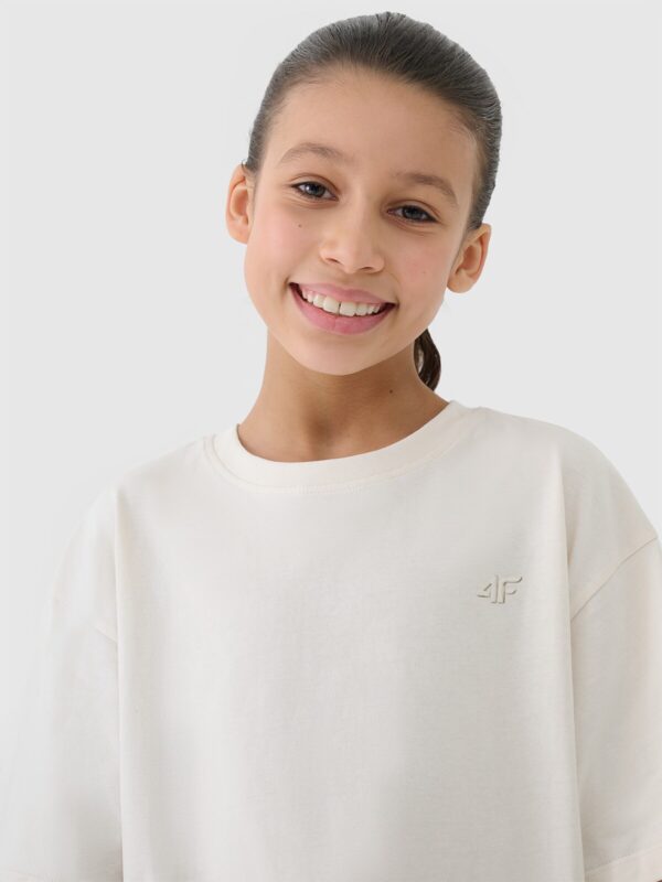 4F T-shirt oversize gładki dziewczęcy - beżowy 134 (8-9 lat)