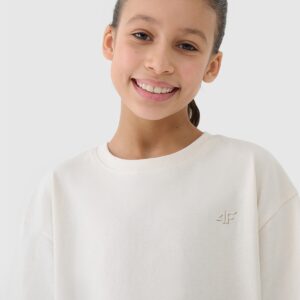 5e7282d924e30688e52af3184d60d286d4b87089 4F T-shirt oversize gładki dziewczęcy - beżowy 134 (8-9 lat)
