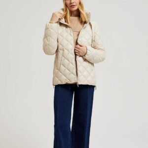 Krótka pikowana kurtka z kapturem beżowa