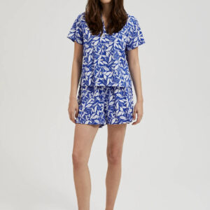 Lniane szorty z roślinnym wzorem niebieskie