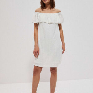 Ażurowa sukienka z odkrytymi ramionami perłowa