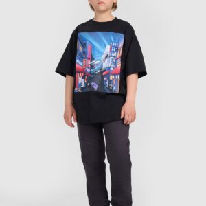 67d6a35c3dac59676f8e31c47de5dd8e982586f4 4F T-shirt oversize z nadrukiem chłopięcy - czarny 134 (8-9 lat)