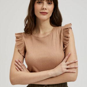 Prążkowana bluzka z falbaną na ramionach beżowa