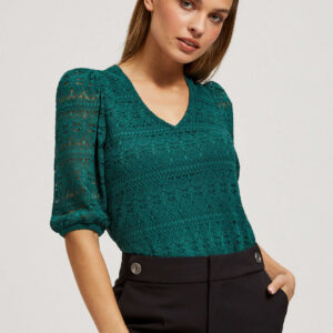 Koronkowa bluzka z bufiastymi rękawami szmaragdowa