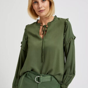 Koszula z falbanami na rękawach i wiązaniem na dekolcie khaki