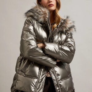 Metaliczna kurtka z futrzanym kapturem beżowa