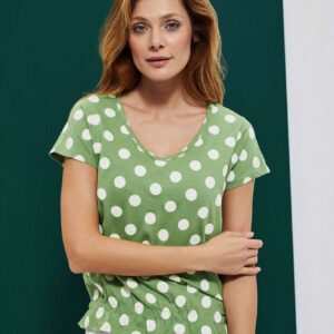 Bluzka w groszki z dekoltem w serek malachitowa