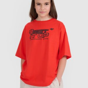 4F T-shirt oversize z nadrukiem dziecięcy - czerwony 122/128 (6-8 lat)