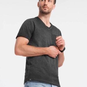 Męski t-shirt V-neck o pręgowanej strukturze z kieszonką – czarny V6