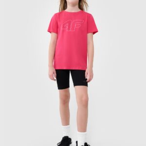 7d13dcb47156c64c08cd4a7f73639501a577b2d9 4F T-shirt regular z nadrukiem dziewczęcy - różowy 140 (9-10 lat)