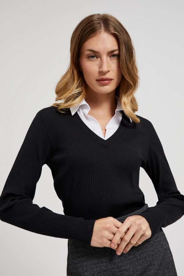 Prążkowana bluzka z kołnierzykiem czarna