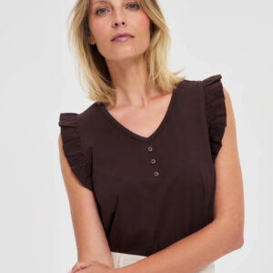 Bluzka z falbaną na ramionach brązowa