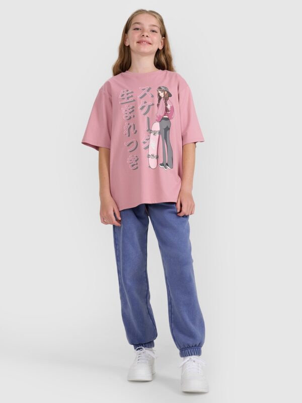 4F T-shirt oversize z nadrukiem dziewczęcy - różowy 146 (10-11 lat)