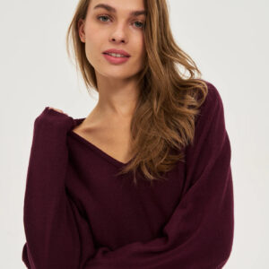 Sweter z dekoltem w serek burgundowy