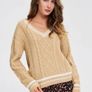 8743545312440b0020555ce3ae60853c1b09e3b8 Sweter z dekoltem w serek beżowy